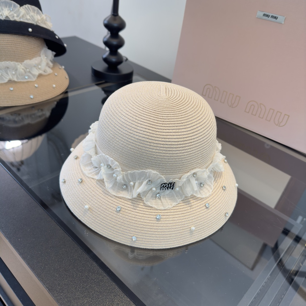 Miu Miu Embellished Straw Cloche Hat White Lace & Crystal Luxury View 5